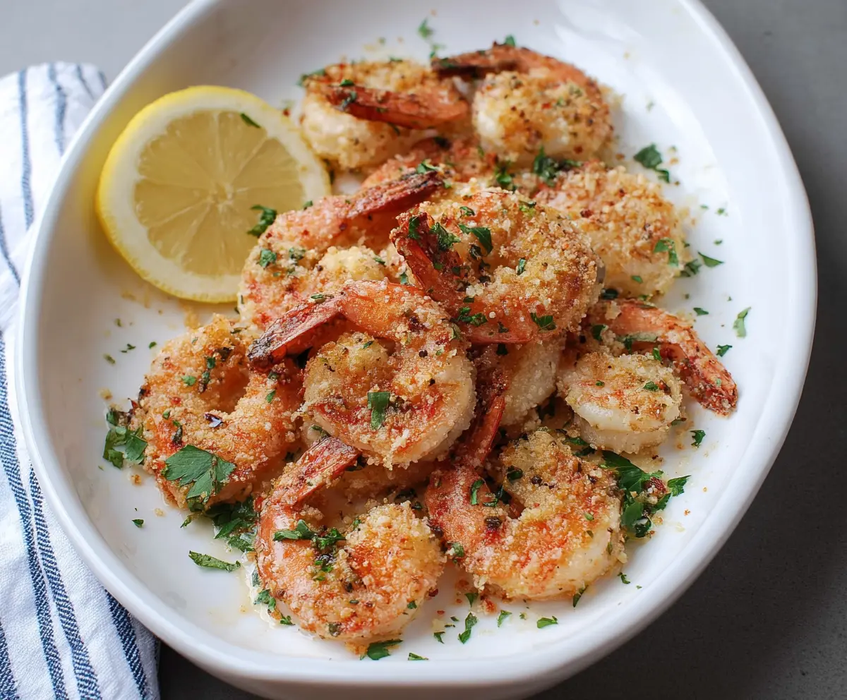 Delicious baked garlic Parmesan shrimp served on a plate with lemon wedges, perfect for a seafood dinner.