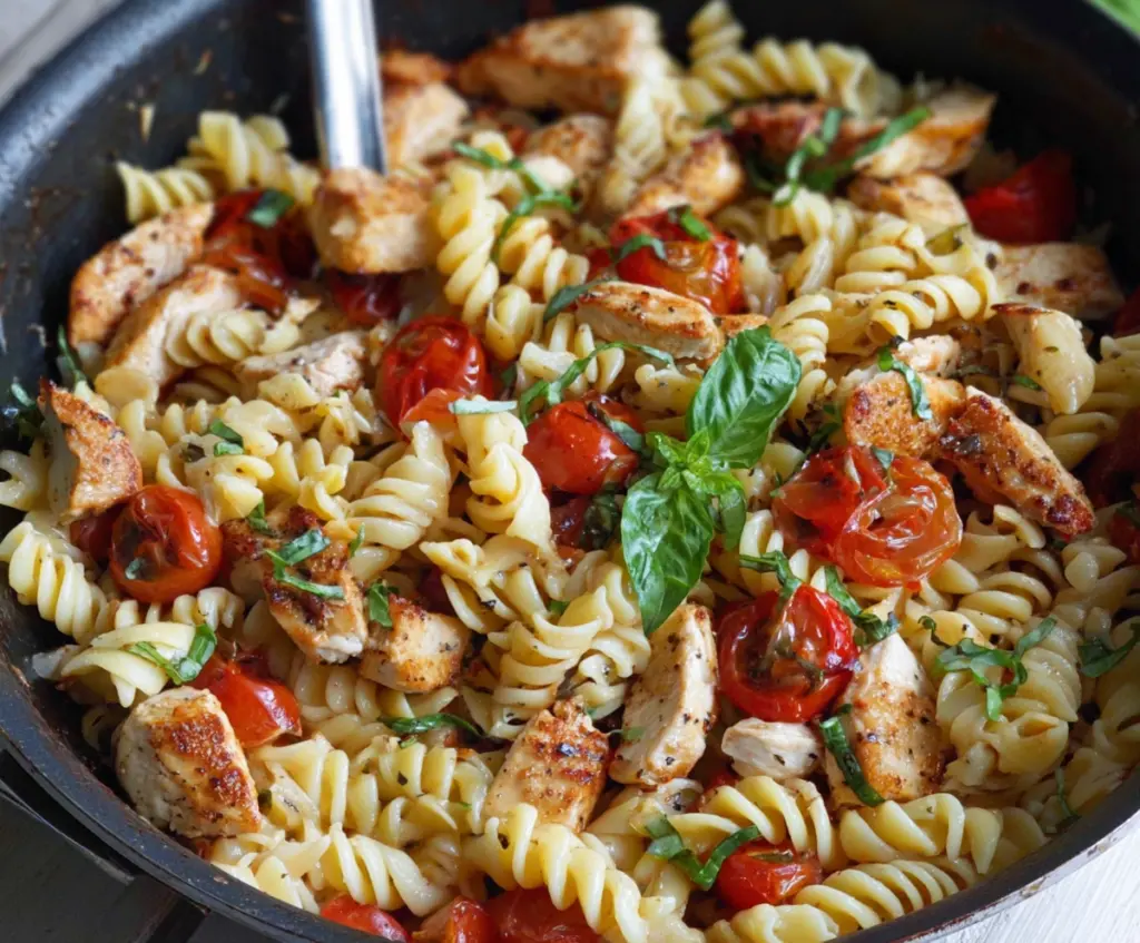 Delicious balsamic chicken pasta with fresh herbs and melted cheese on a white plate.