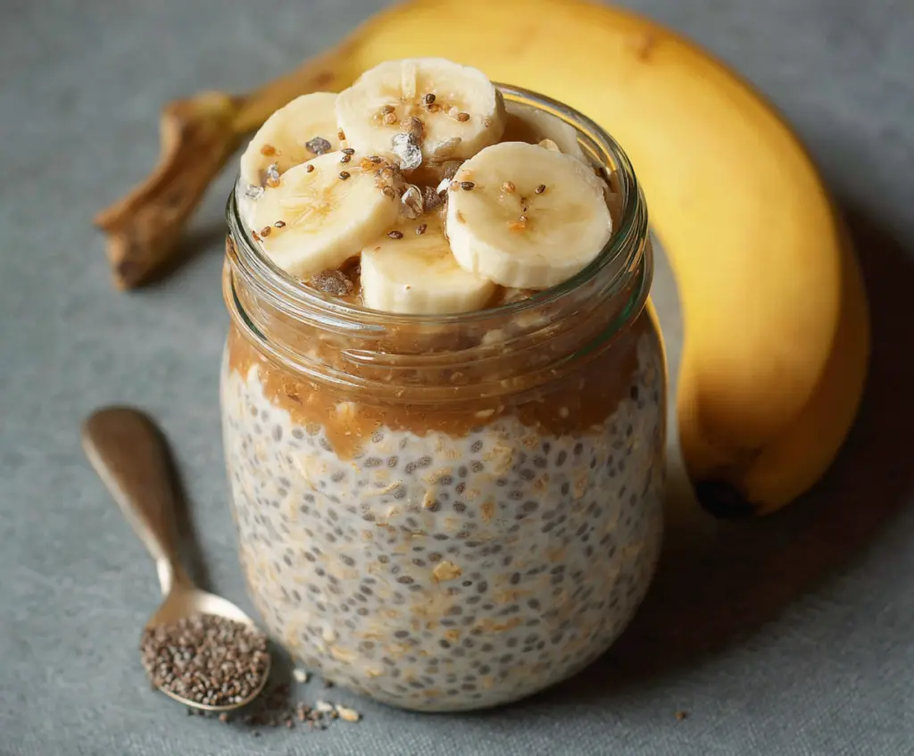 Healthy Banana Chia Overnight Oats in a glass jar topped with fresh banana slices and chia seeds.