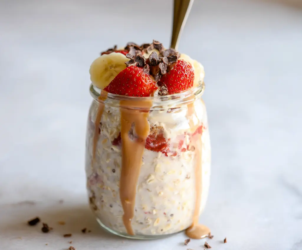 Creamy Banana Split Overnight Oats topped with fresh strawberries, bananas, chocolate and whipped cream in a glass jar.