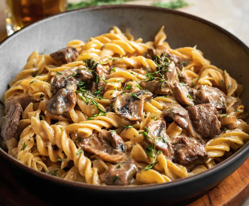 Creamy Beef Stroganoff served over tender pasta with mushrooms and herbs