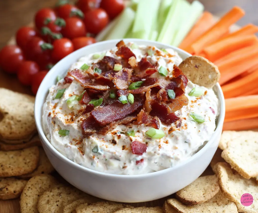 Delicious BLT Dip with Cream Cheese served with crispy bacon, fresh lettuce, and ripe tomatoes.