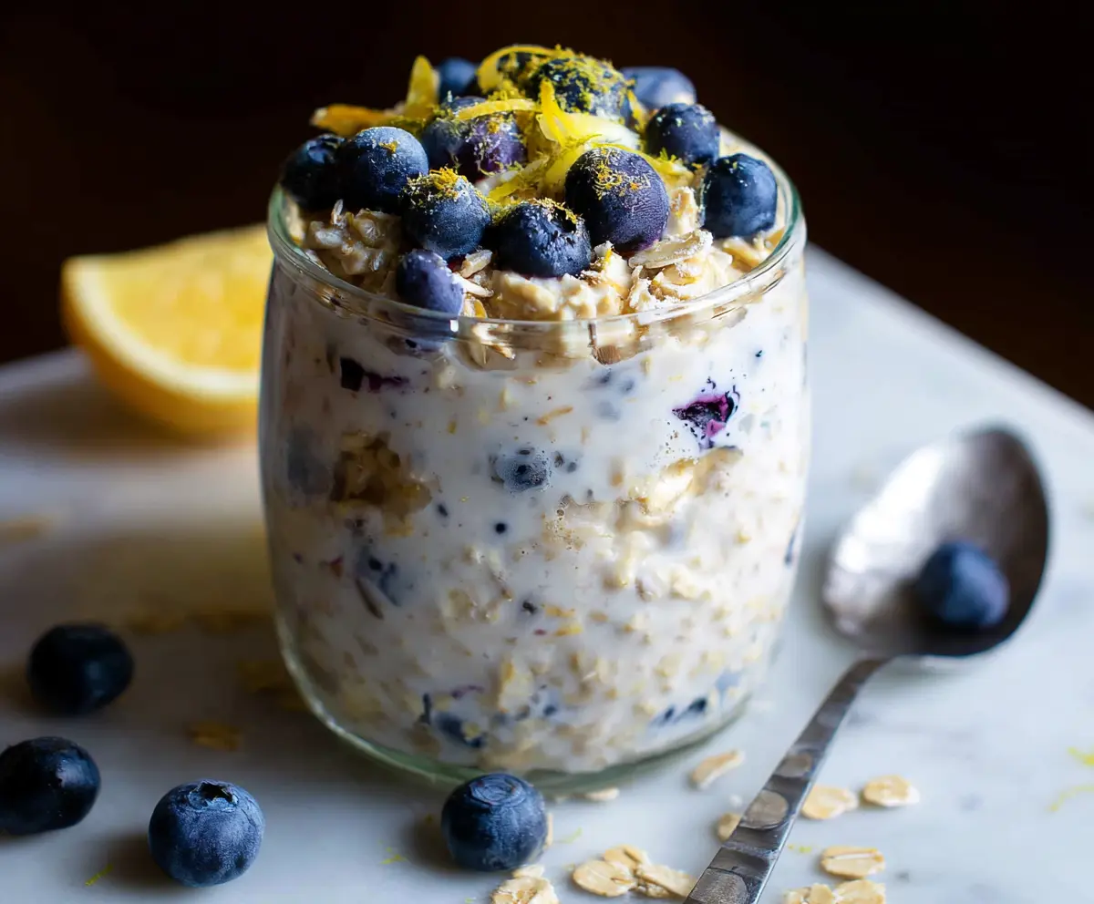 Creamy blueberry lemon overnight oats topped with fresh blueberries and lemon zest in a glass jar.