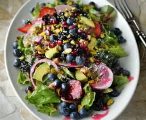 Fresh Blueberry Pistachio Spring Salad in a bowl, vibrant and colorful for healthy eating.