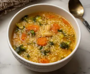 A bowl of healthy broccoli and carrot couscous soup garnished with fresh herbs.