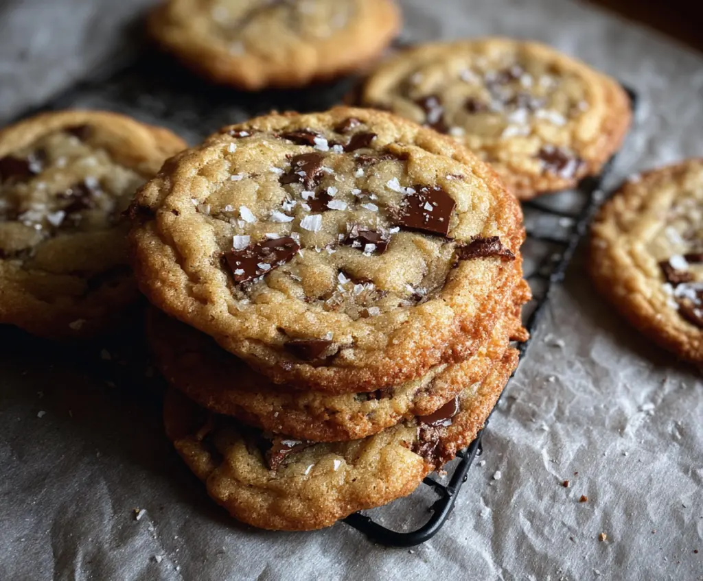 Delicious brown butter sourdough discard cookies on a rustic plate, showcasing golden-brown edges and chewy texture.
