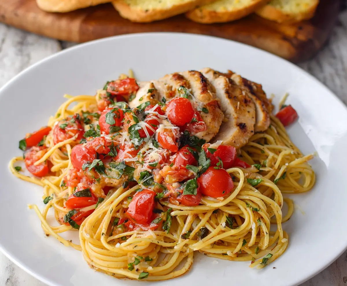 Delicious Bruschetta Chicken Pasta with ripe tomatoes, fresh basil, and melted cheese.