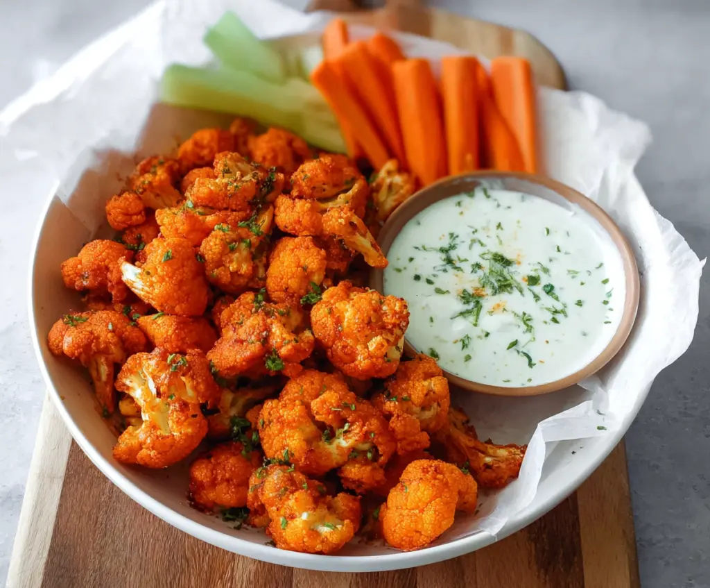 Delicious buffalo cauliflower bites on a platter with dipping sauce, perfect for a vegan snack or appetizer.