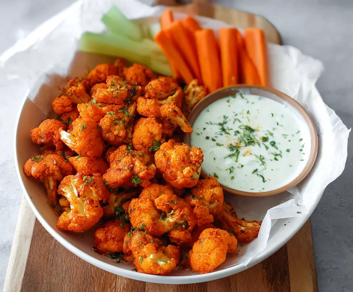 Delicious buffalo cauliflower bites on a platter with dipping sauce, perfect for a vegan snack or appetizer.