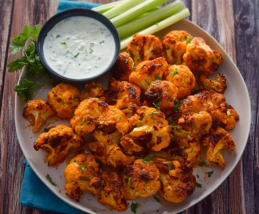 Crunchy buffalo cauliflower wings with spicy sauce served on a white plate for a healthy appetizer.