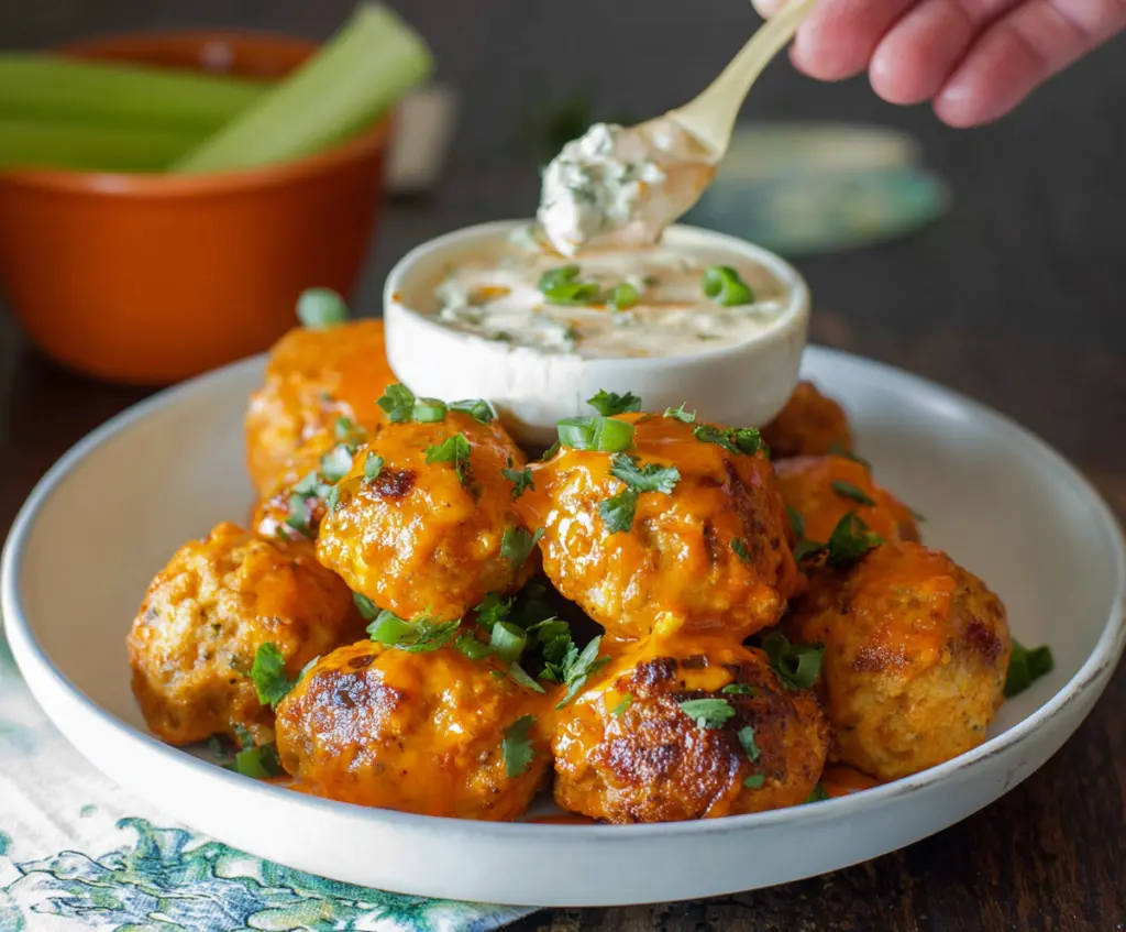 Buffalo chicken meatballs served with a creamy bleu cheese dip, perfect for appetizer