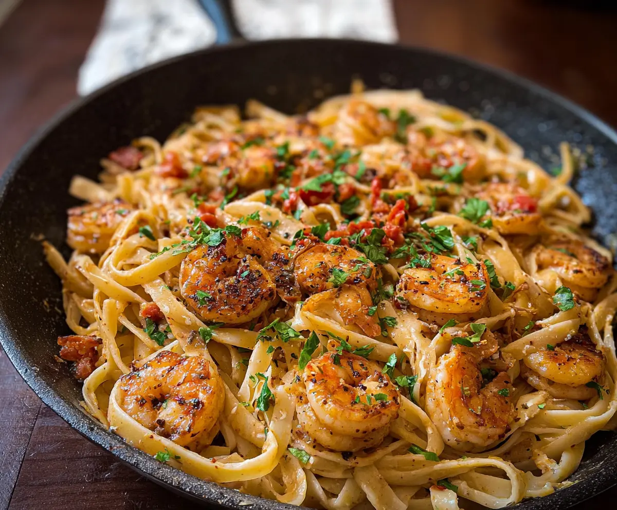Delicious Cajun Shrimp Pasta with spicy seasoning and creamy sauce ready to serve.