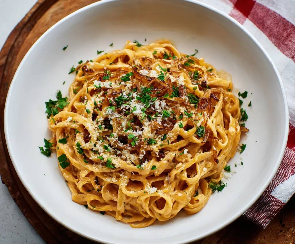 Delicious Caramel Onion Pasta served on a white plate with fresh herbs.
