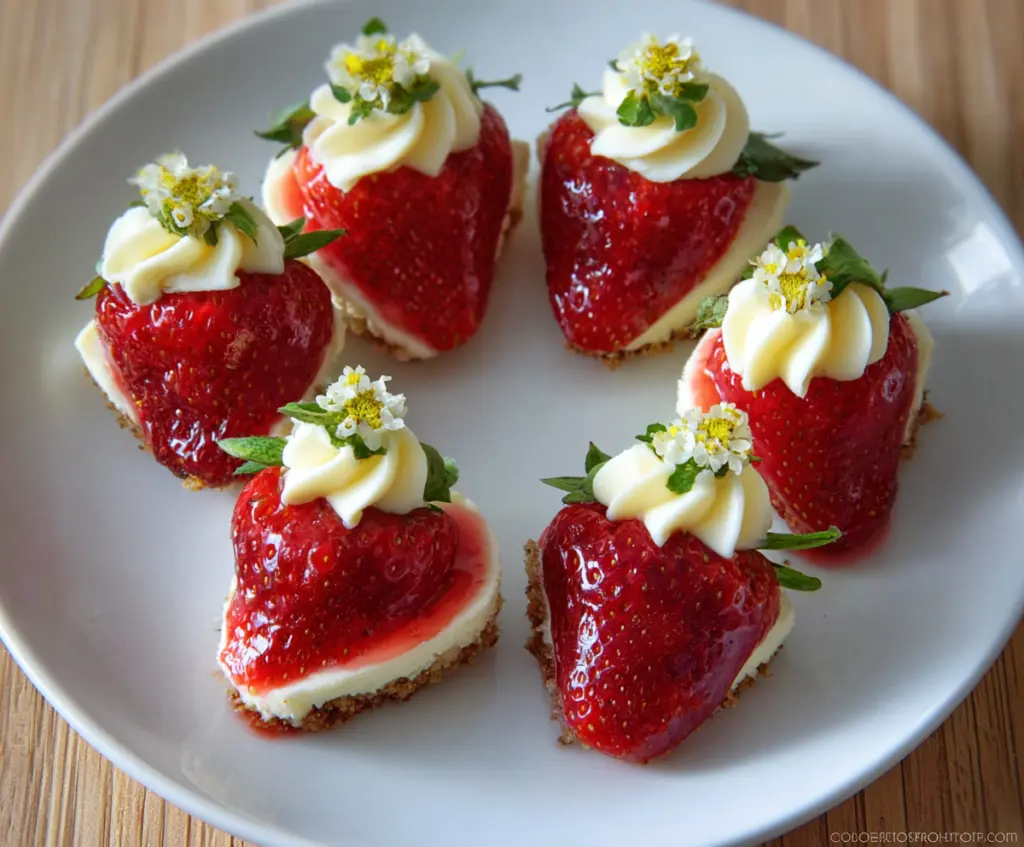 Delicious cheesecake-filled deviled strawberries topped with fresh strawberries.