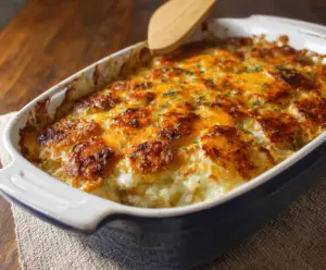 Creamy cheesy Delmonico Potatoes casserole topped with melted cheese and herbs