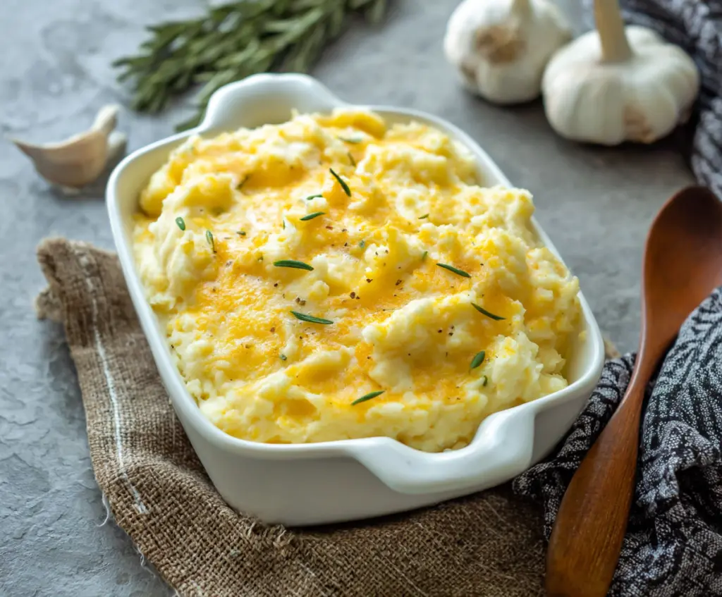 Creamy cheesy garlic mashed potatoes served in a rustic bowl, perfect for comfort food lovers.