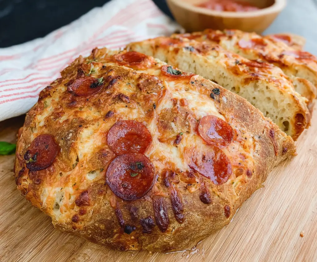 Delicious cheesy pepperoni sourdough pizza bread topped with melted cheese and spicy pepperoni slices.