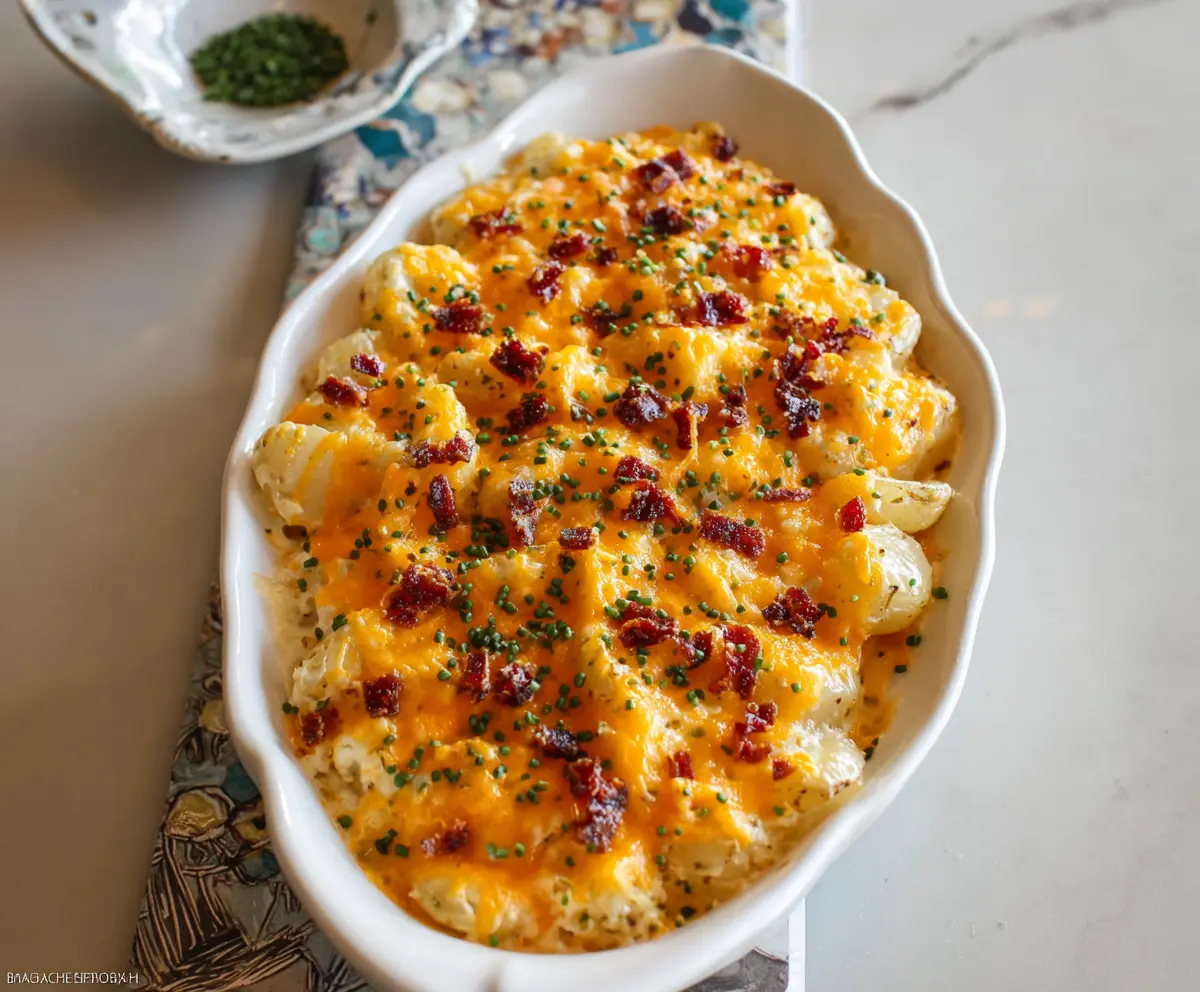 Delicious Cheesy Ranch Potatoes garnished with fresh herbs on a rustic plate.
