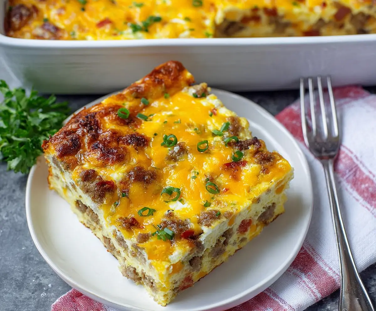 Delicious cheesy sausage breakfast casserole with golden melted cheese and savory sausage slices.