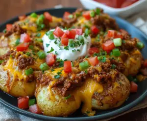 Delicious cheesy taco potatoes topped with melted cheese and fresh toppings, perfect for a quick Mexican-inspired meal.