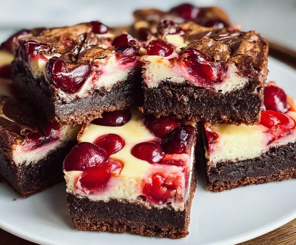 Delicious cherry cheesecake brownies with a rich chocolate base topped with fresh cherries and creamy cheesecake filling.