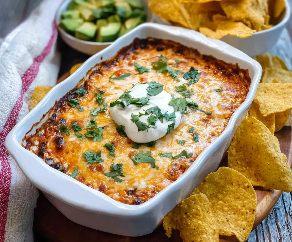 Delicious chicken enchilada dip with melted cheese and flavorful toppings
