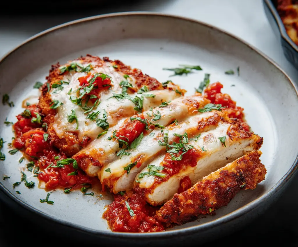 Delicious homemade Chicken Parmesan with crispy breaded chicken, melted cheese, and marinara sauce on a plate.