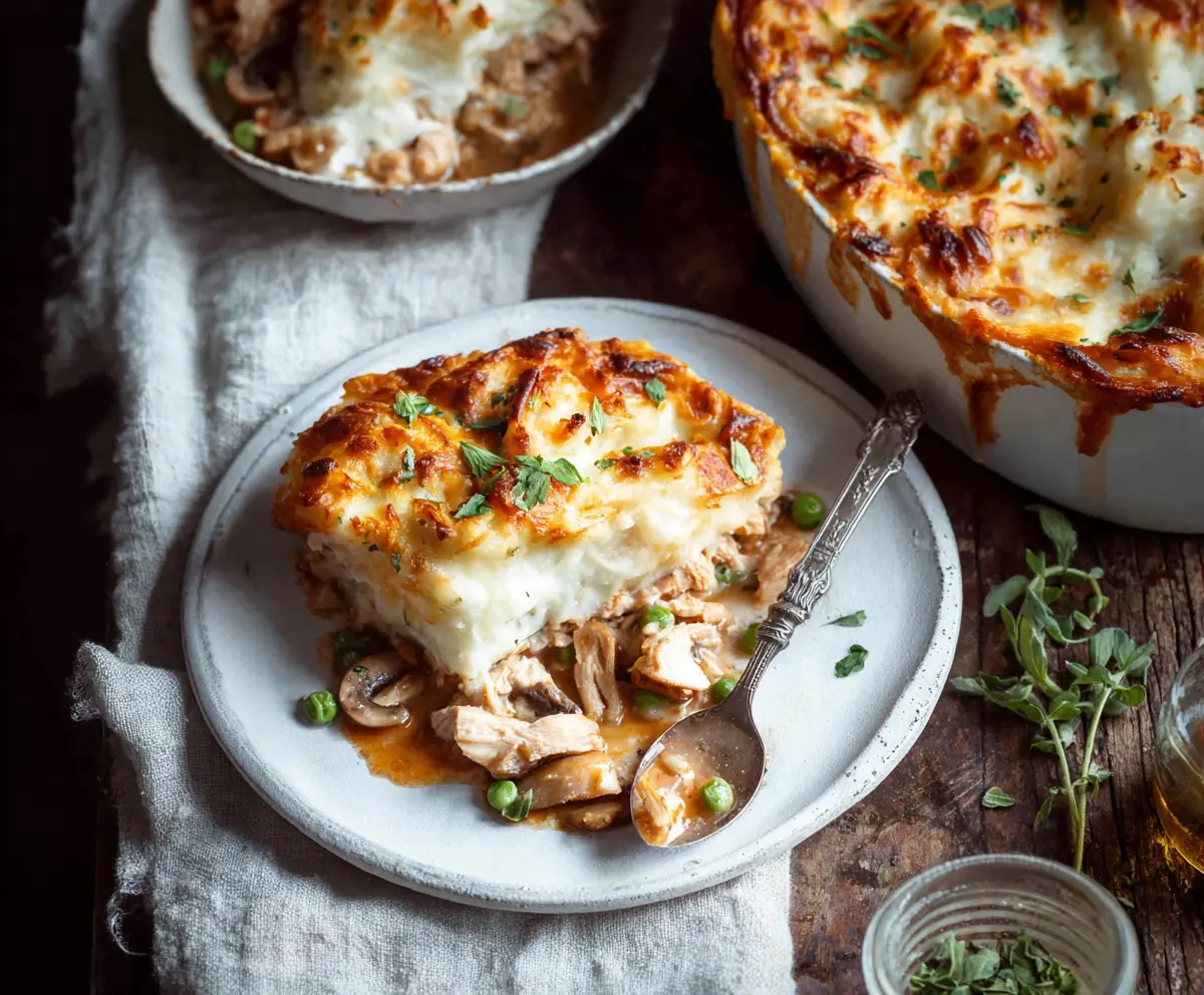 Delicious Chicken Shepherd's Pie with golden mashed potato topping and tender chicken filling.