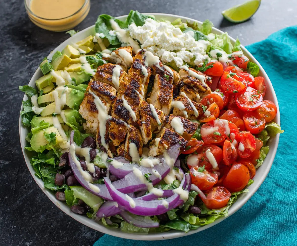 Fresh Chipotle Lime Chicken Salad in a bowl with vibrant vegetables and herbs, perfect for a healthy meal.