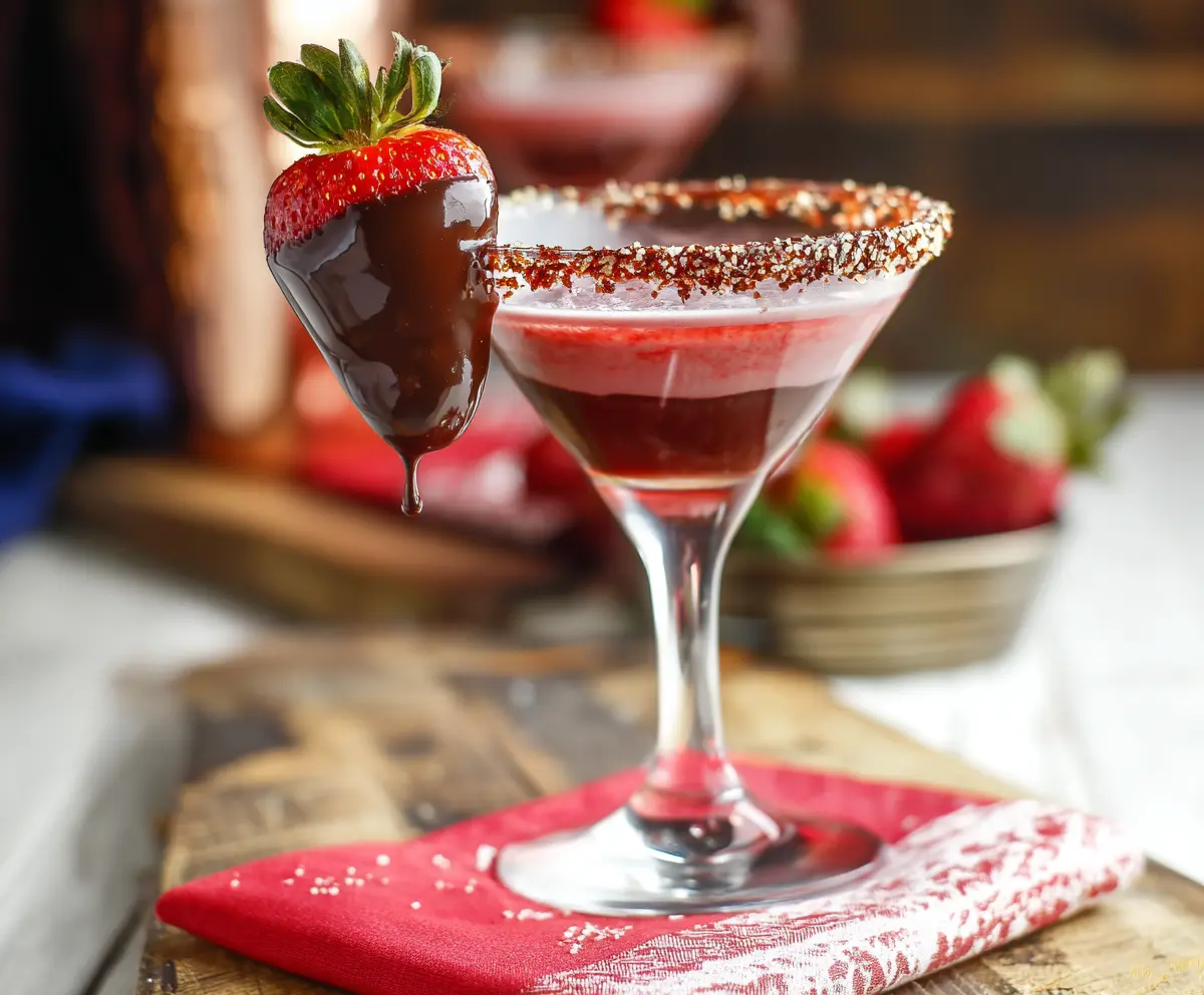 Delicious Chocolate Covered Strawberry Martini garnished with fresh strawberries and chocolate drizzle.