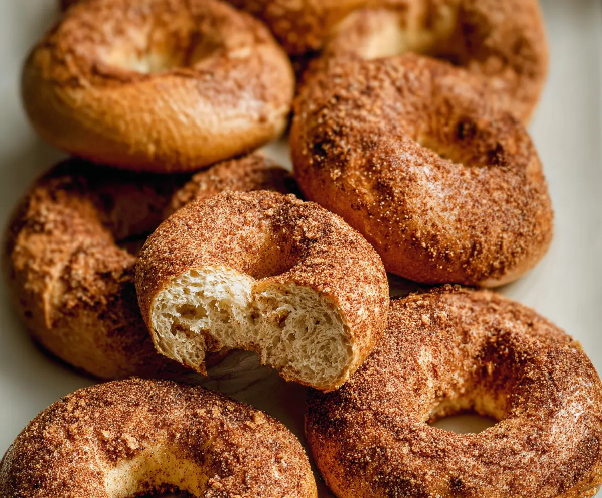 Freshly baked cinnamon bagels with a glossy crust on a wooden surface.