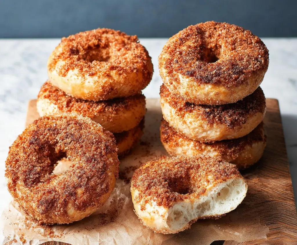 Delicious Cinnamon Sugar Crunch Bagels topped with cinnamon and sugar for a sweet breakfast treat