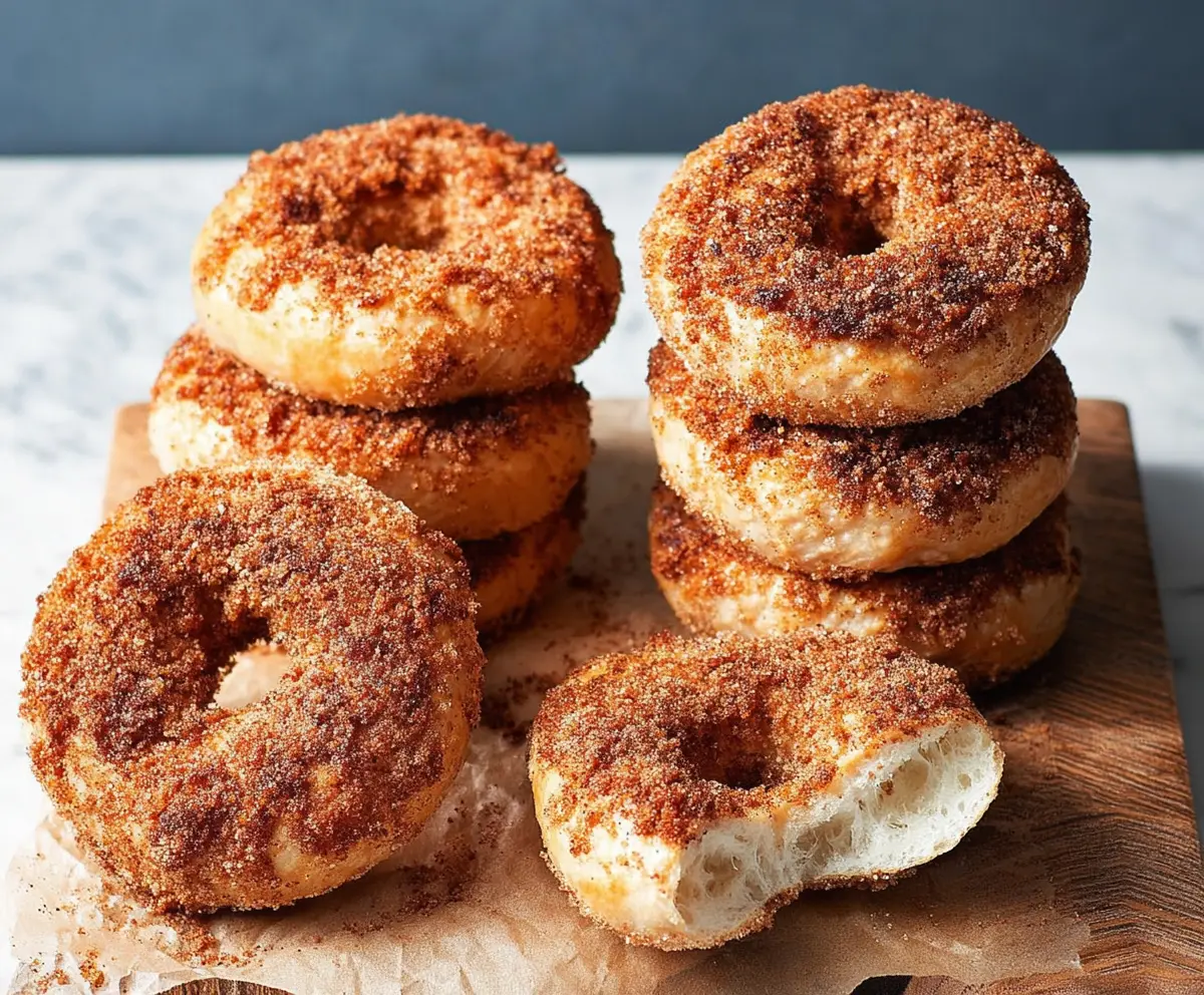 Delicious Cinnamon Sugar Crunch Bagels topped with cinnamon and sugar for a sweet breakfast treat