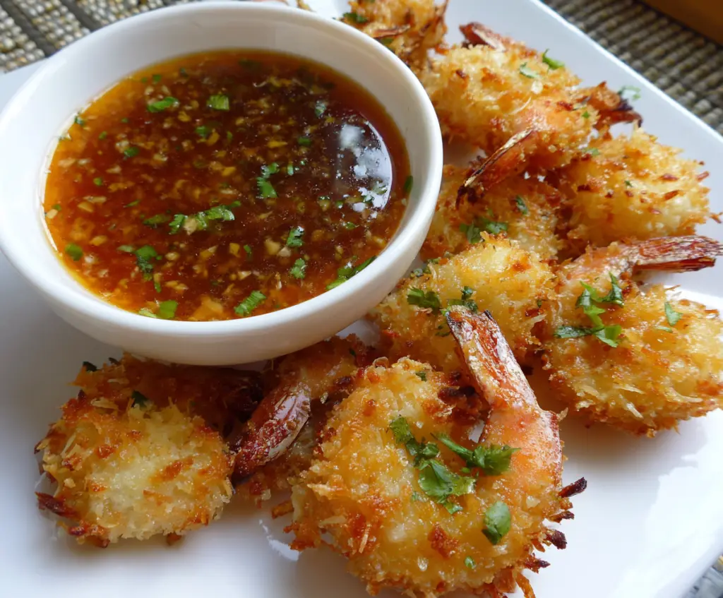 Crispy coconut shrimp served with a vibrant orange chili dipping sauce on a white plate.