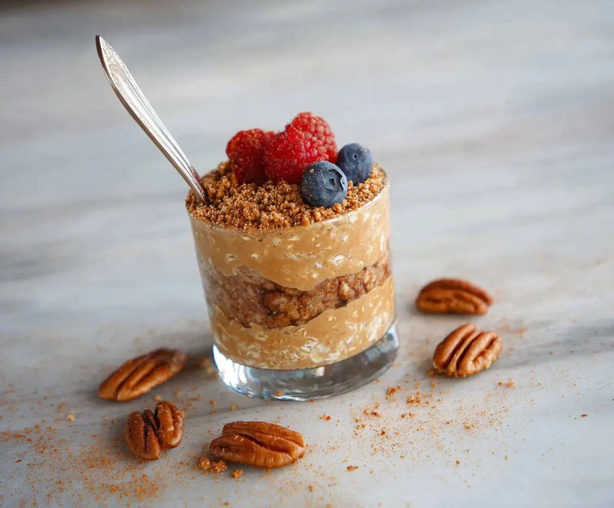 Delicious coffee cake overnight oats in a glass jar topped with cinnamon and blueberries.