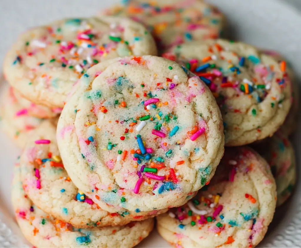 Colorful confetti cookies with vibrant sprinkles and a sweet, fluffy texture.