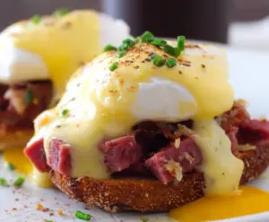 Delicious Corned Beef Hash Eggs Benedict with perfectly poached eggs and crispy hash on a white plate.