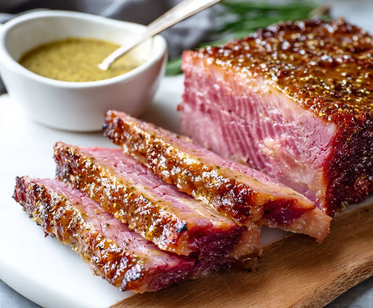 Delicious Corned Beef with Mustard Glaze served on a plate