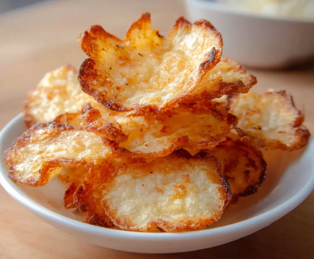 Crispy homemade cottage cheese chips with herbs on a white plate