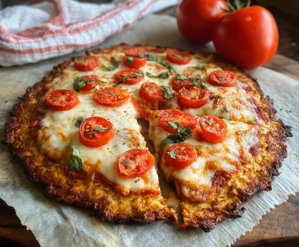 Homemade cottage cheese pizza crust topped with fresh ingredients on a baking tray.