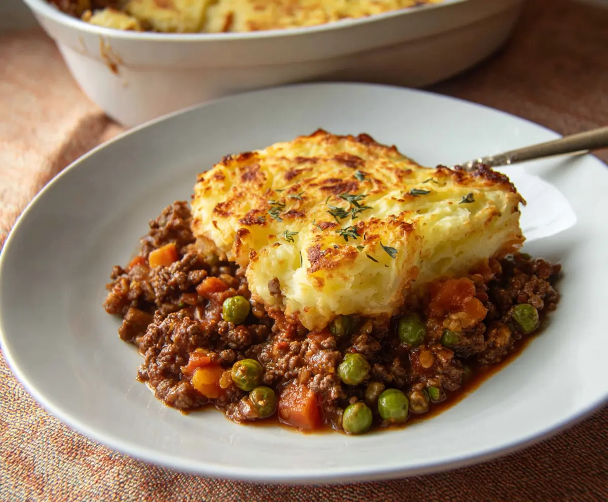 Delicious homemade cottage pie with mashed potato crust and savory ground beef filling