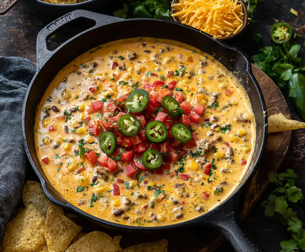 Creamy Cowboy Queso dip with melted cheese, ground beef, and jalapenos served in a rustic bowl.