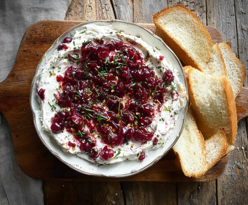 Creamy cranberry whipped Boursin dip served with crackers for a festive appetizer.