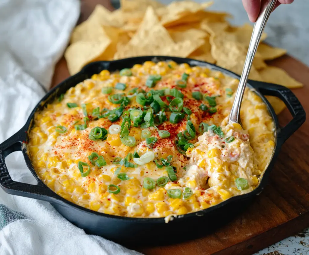 Cream Cheese Corn Dip in a bowl with fresh herbs, perfect for parties and gatherings