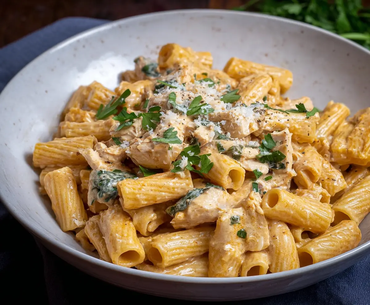 Delicious creamy chicken rigatoni pasta garnished with herbs on a white plate.
