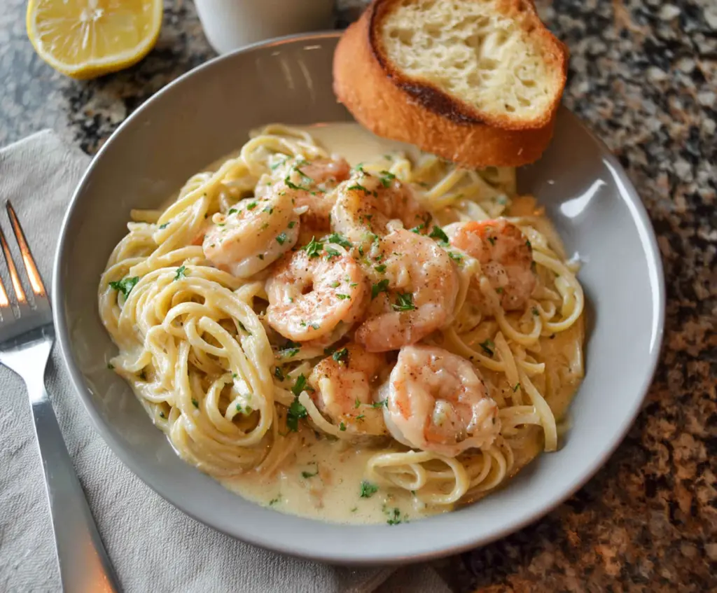 Creamy shrimp scampi served over linguine with garlic and parsley garnishes.