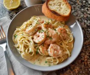 Creamy shrimp scampi served over linguine with garlic and parsley garnishes.