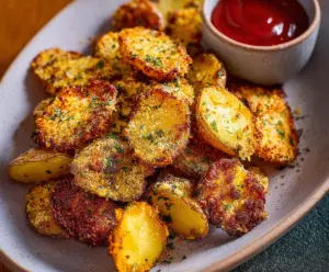 Golden crispy garlic parmesan crusted potatoes served on a white plate, perfect for side dishes.