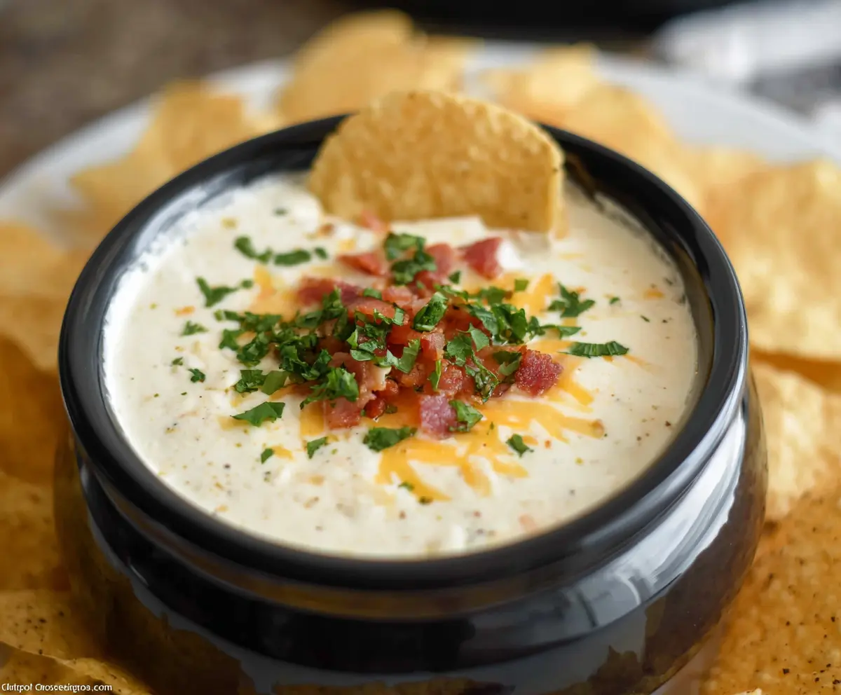 Creamy crock pot white cheese dip served with tortilla chips, perfect for parties and gatherings.