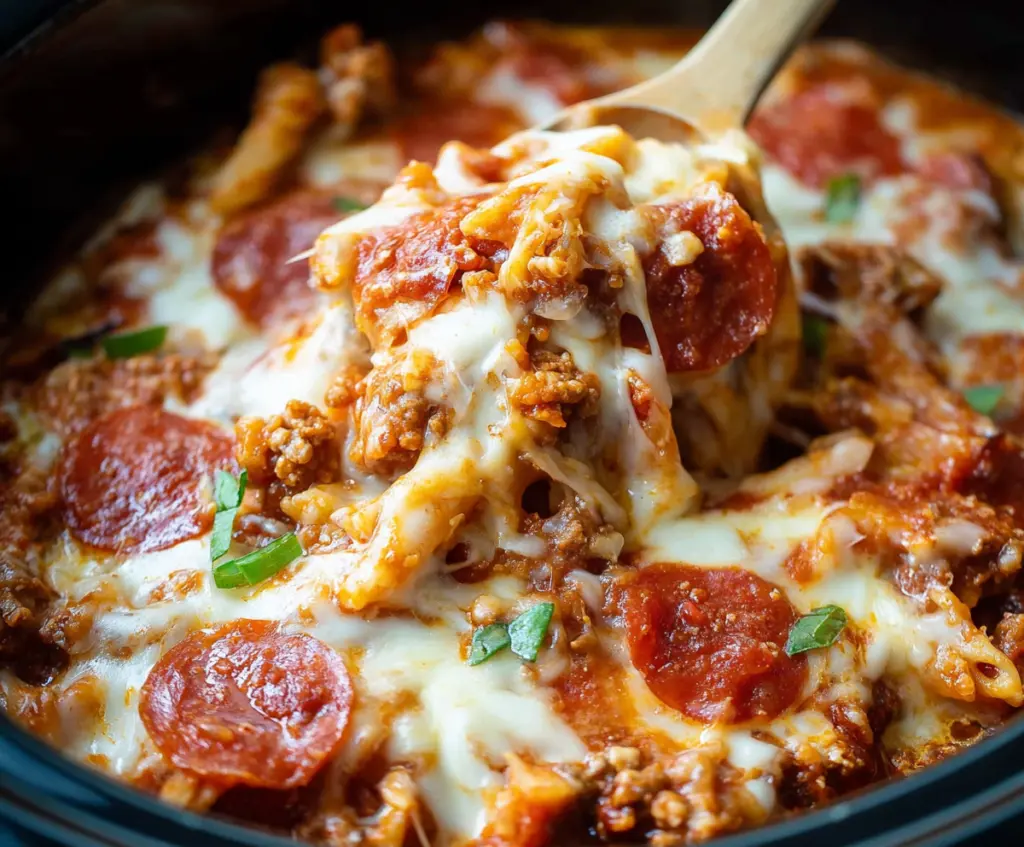 Delicious Crockpot Pizza Casserole with melted cheese and toppings layered in a slow cooker.